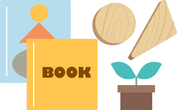 絵本・県産材の積み木、記念樹の苗木のイラスト